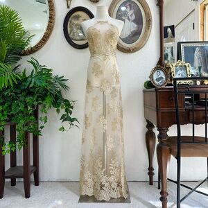 L'ATISTE Gold Lace Illusion Maxi Dress